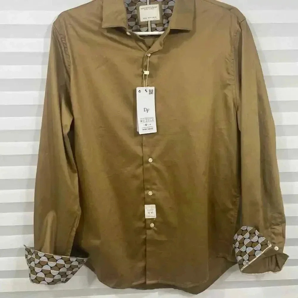 Denim & Flower Medium New Gold Long Sleeve Button Down Shirt. Satin.